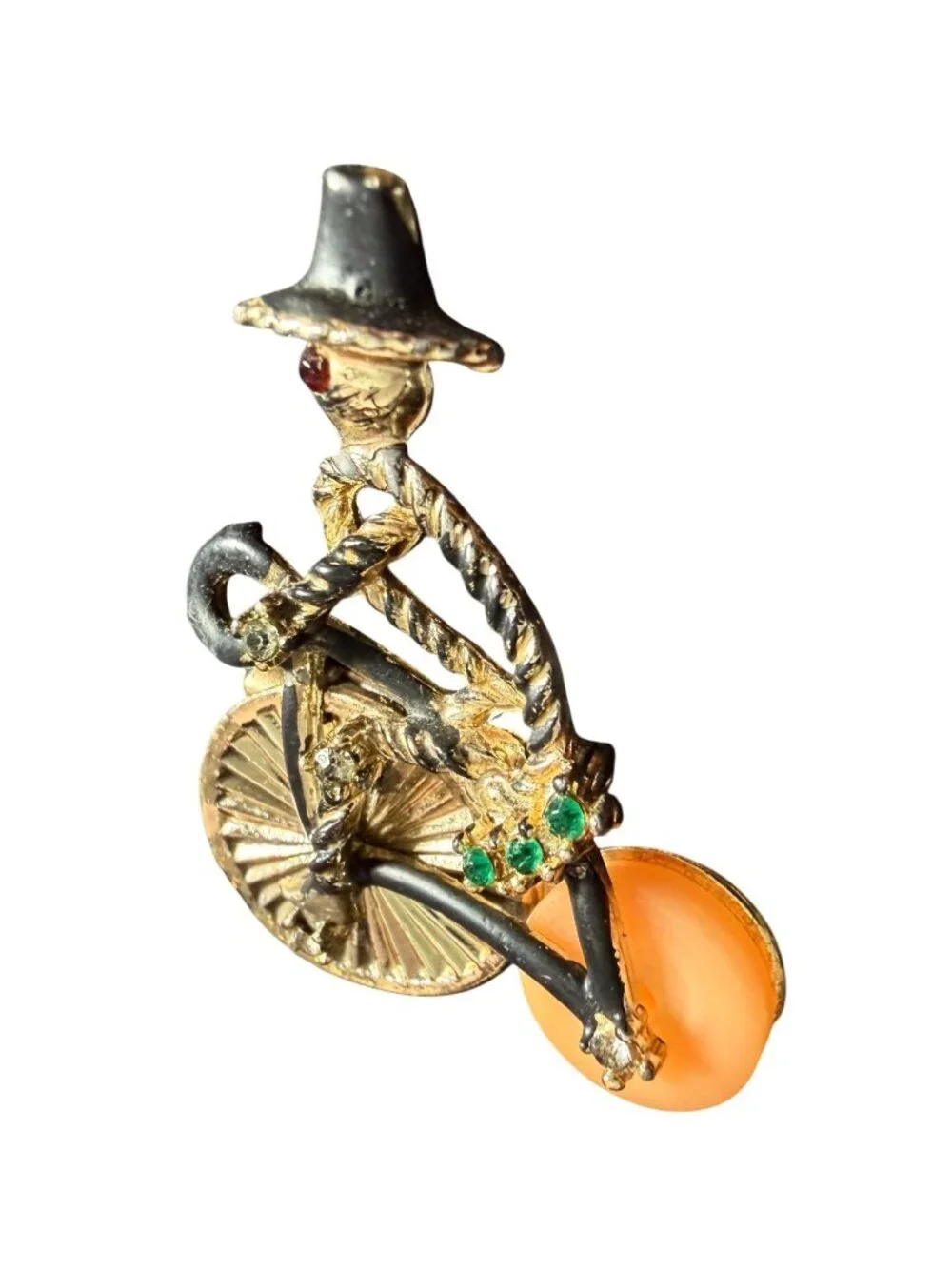 Vintage Gold Tone Penny Farthing Bicycle Brooch Pin Celluloid Wheel Rhinestone